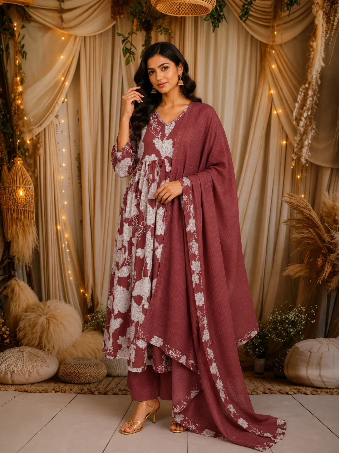 Dusty Onion Pink Floral Printed Design Cotton Anarkali Salwar Suit with Dupatta